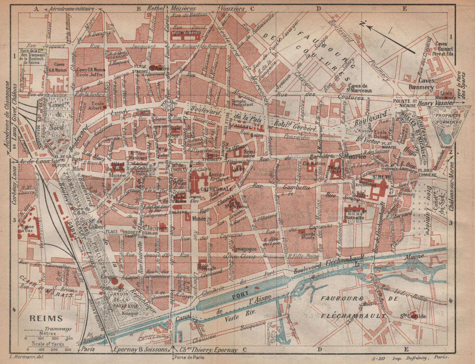 REIMS. Vintage town city map plan. Marne 1920 old antique chart